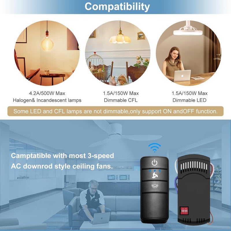 Onisamt Hampton Bay Fan Remote Kit,Universal Ceiling Fan Remote Control Replacement Hampton Bay Home Decorators Collection Hunter KUJCE10318, ZAAZPHD-3 Speed Control, Light Dimming,Time Delay,with Wall Mount - Image 3